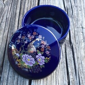 Elegant Cobalt Blue Floral Peacock Trinket Box Dish Vintage